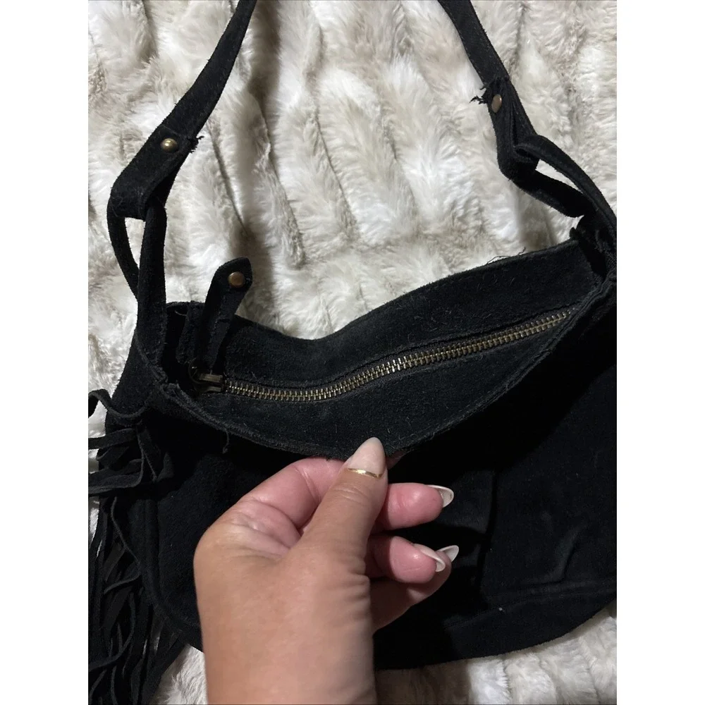 Mossimo Crossbody Black Leather Fringe Small Bag Boho Festival Hippie Zippered